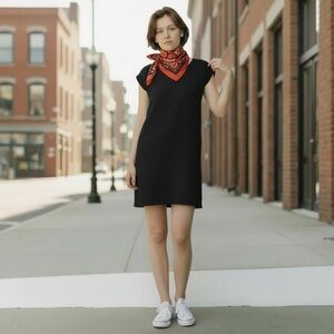 Sandro Paris Black Cap-Sleeve Mini dress minimalist zip back stretch size small